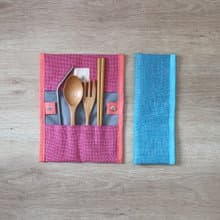All-in-one 粗織棉麻布餐具布套 啪鈕款  防水布內裡 不含餐具