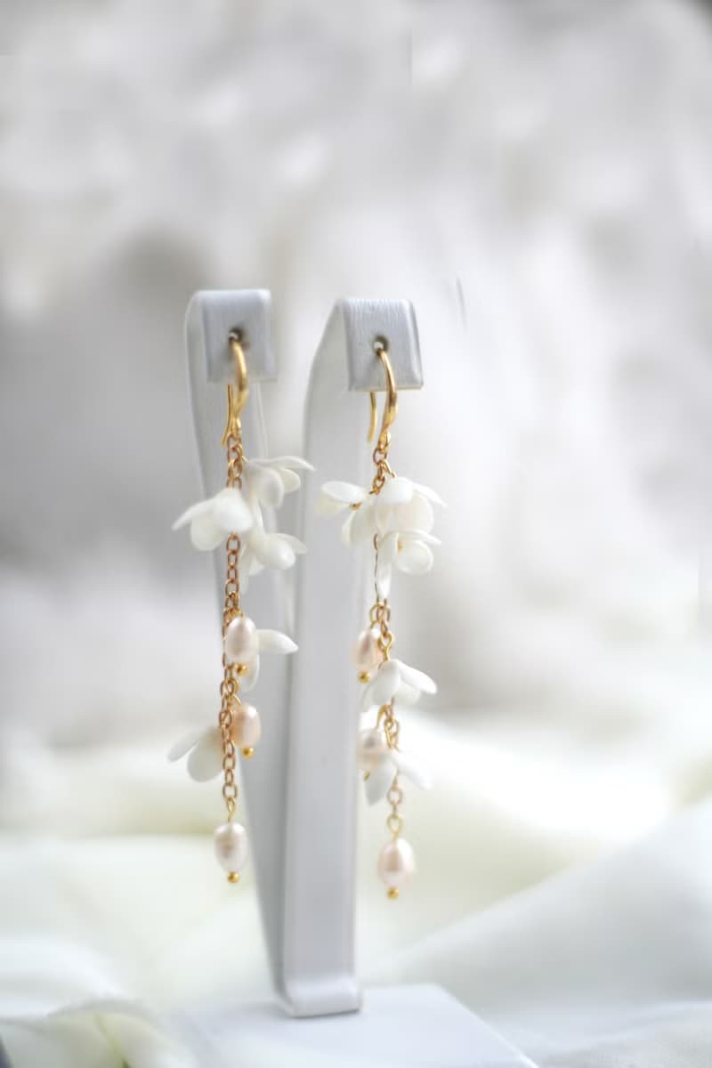 Romantic Flower Bridal Earrings Long Pearl Floral Earrings/ Clip-on Earrings