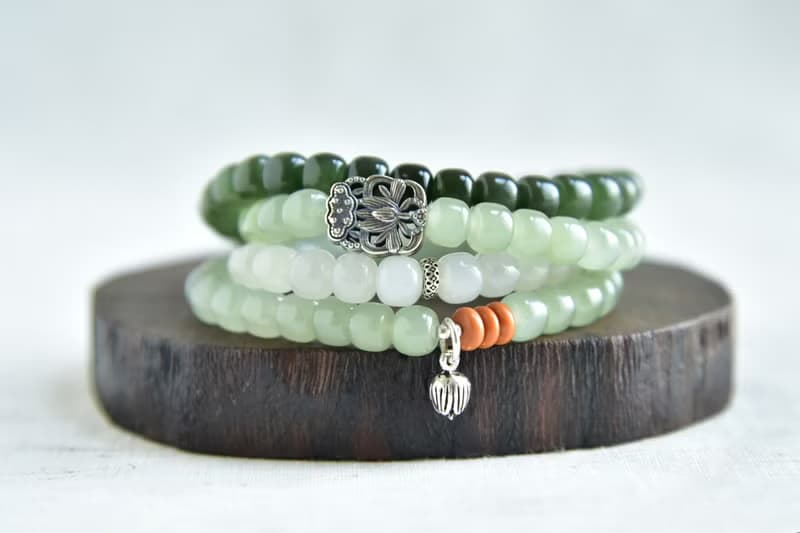 【青荷】天然和田玉青海料漸變108顆老型珠佛珠念珠手串手鏈