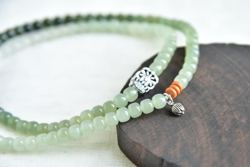 【青荷】天然和田玉青海料漸變108顆老型珠佛珠念珠手串手鏈