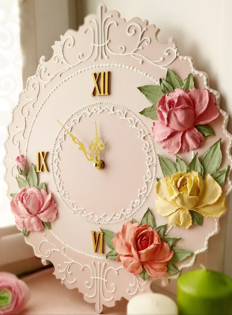 挂钟 Pink wall clock with roses Flower clock Silent wall clock for bedroom