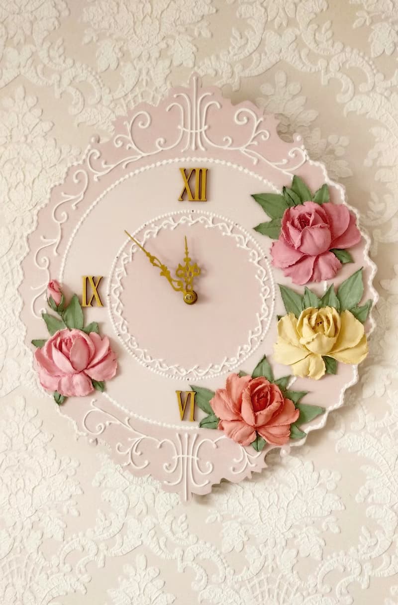 挂钟 Pink wall clock with roses Flower clock Silent wall clock for bedroom