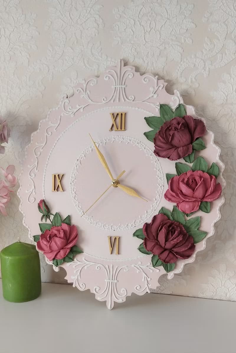 挂钟 Pink wall clock with roses Flower clock Silent wall clock for bedroom