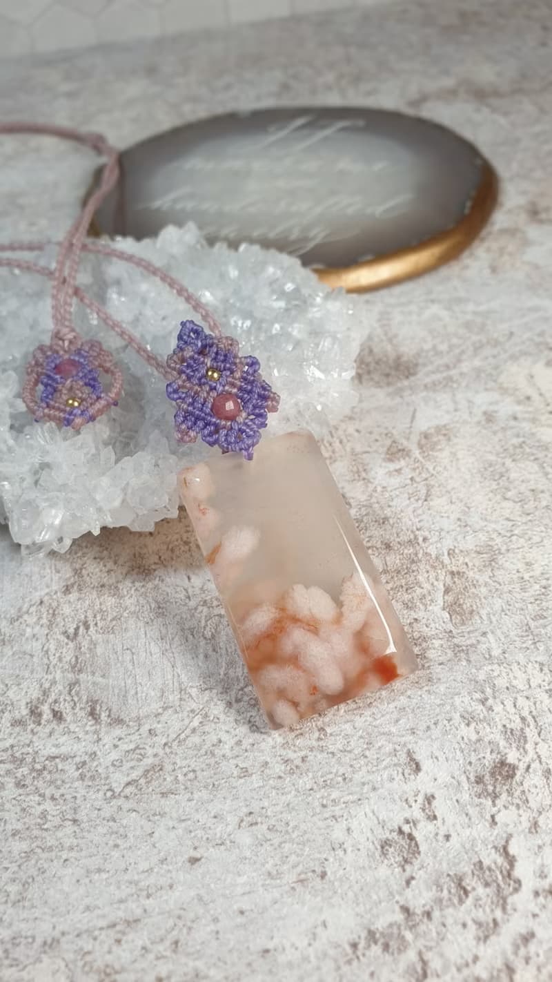 SA25凝玉。櫻花瑪瑙無事牌南美蠟線編織項鍊