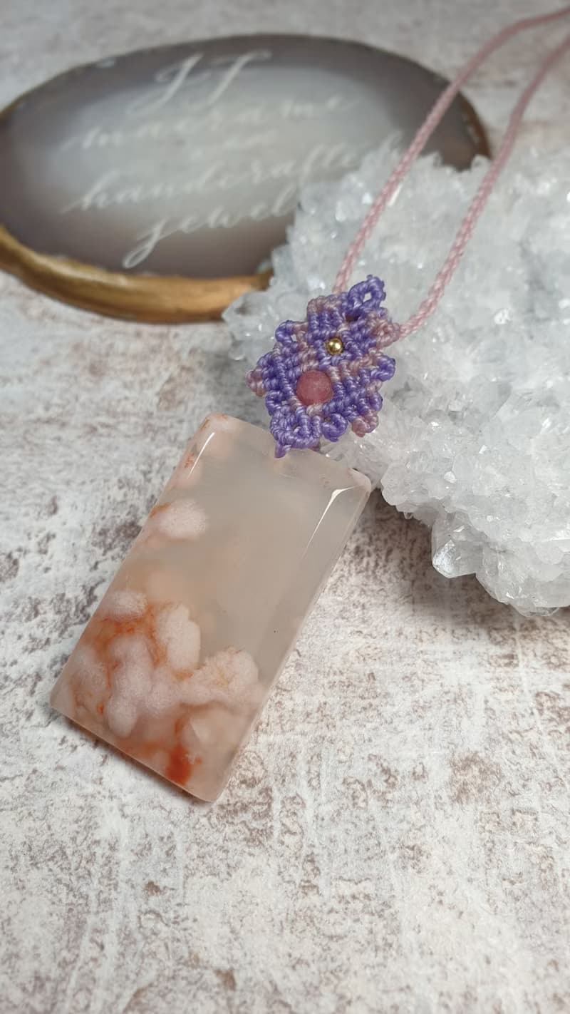 SA25凝玉。櫻花瑪瑙無事牌南美蠟線編織項鍊
