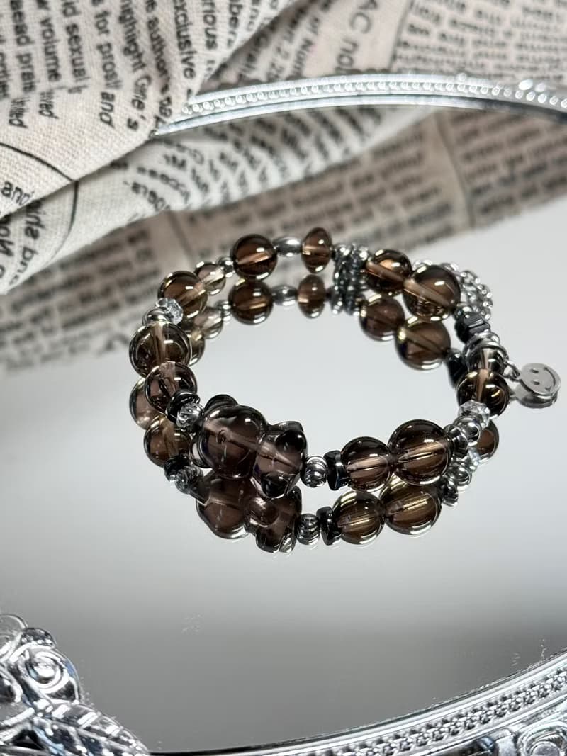 熊大經典茶晶手鍊 - 醫療鋼/茶晶/黑冰曜石/黑膽石/熊熊