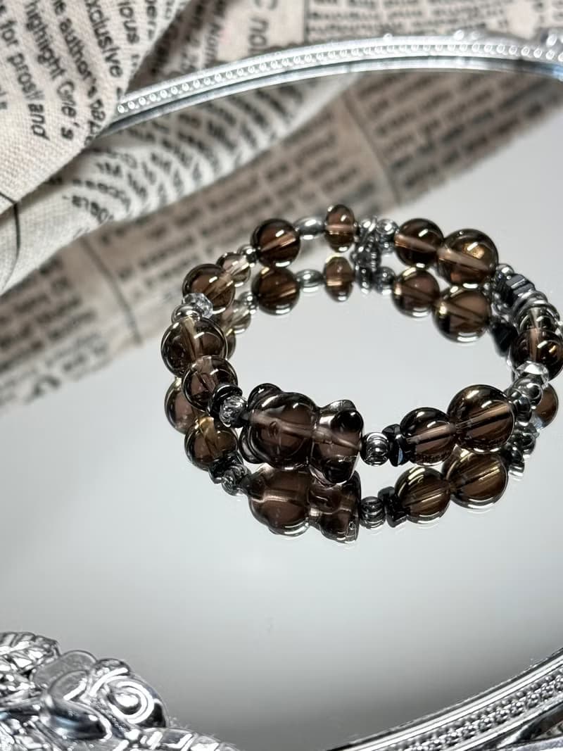 熊大經典茶晶手鍊 - 醫療鋼/茶晶/黑冰曜石/黑膽石/熊熊