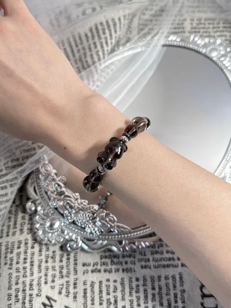 熊大經典茶晶手鍊 - 醫療鋼/茶晶/黑冰曜石/黑膽石/熊熊