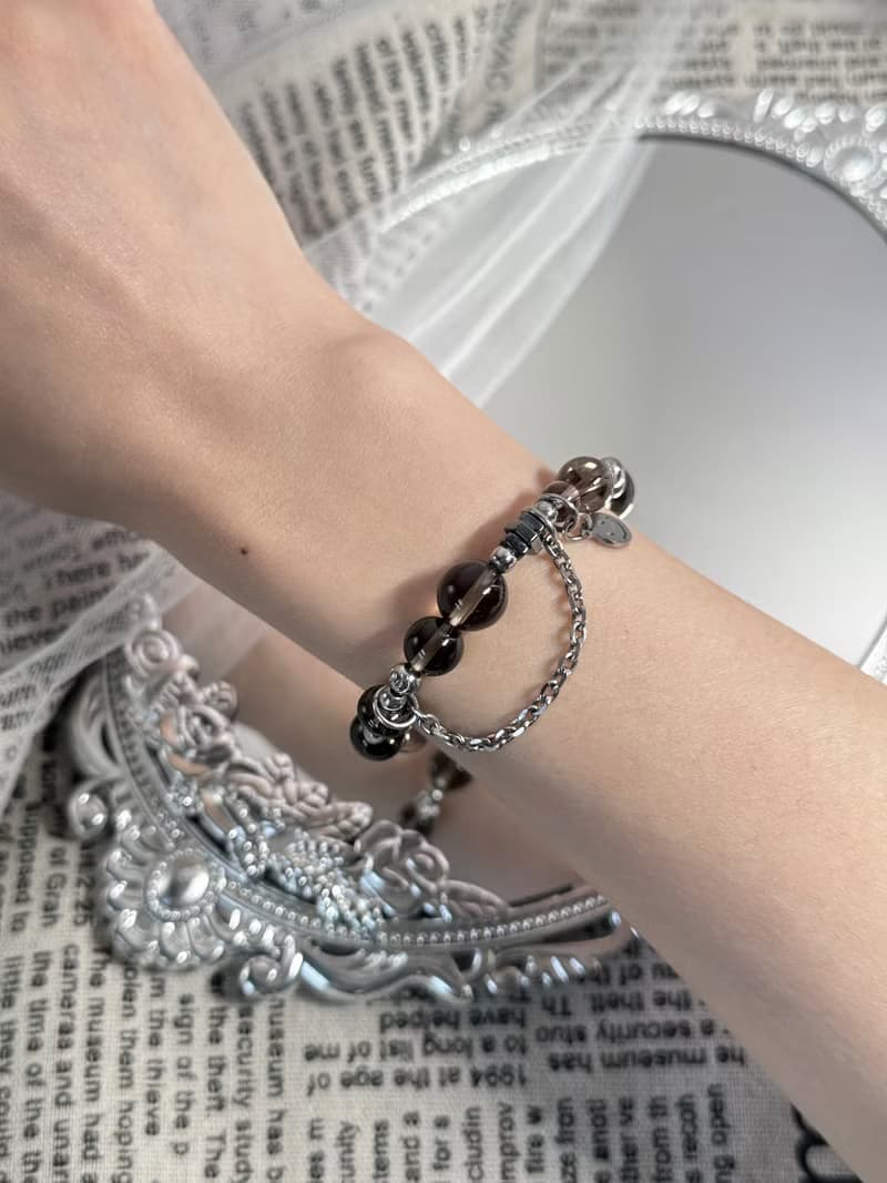 熊大經典茶晶手鍊 - 醫療鋼/茶晶/黑冰曜石/黑膽石/熊熊