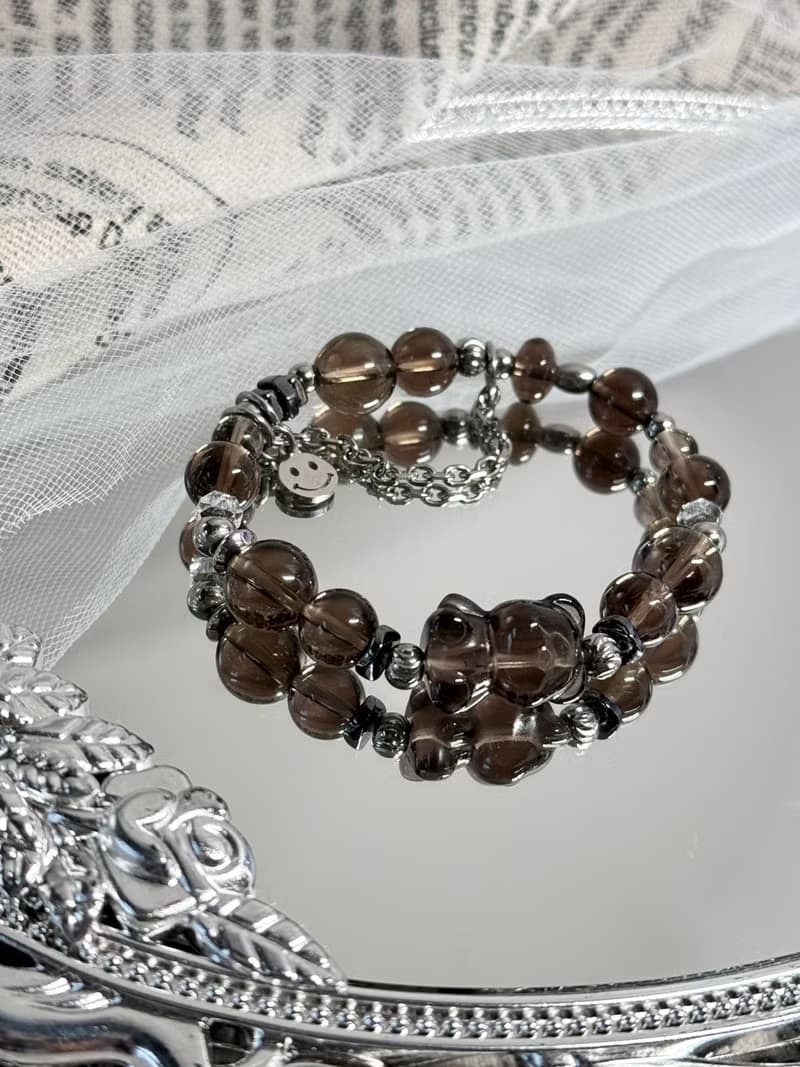 熊大經典茶晶手鍊 - 醫療鋼/茶晶/黑冰曜石/黑膽石/熊熊