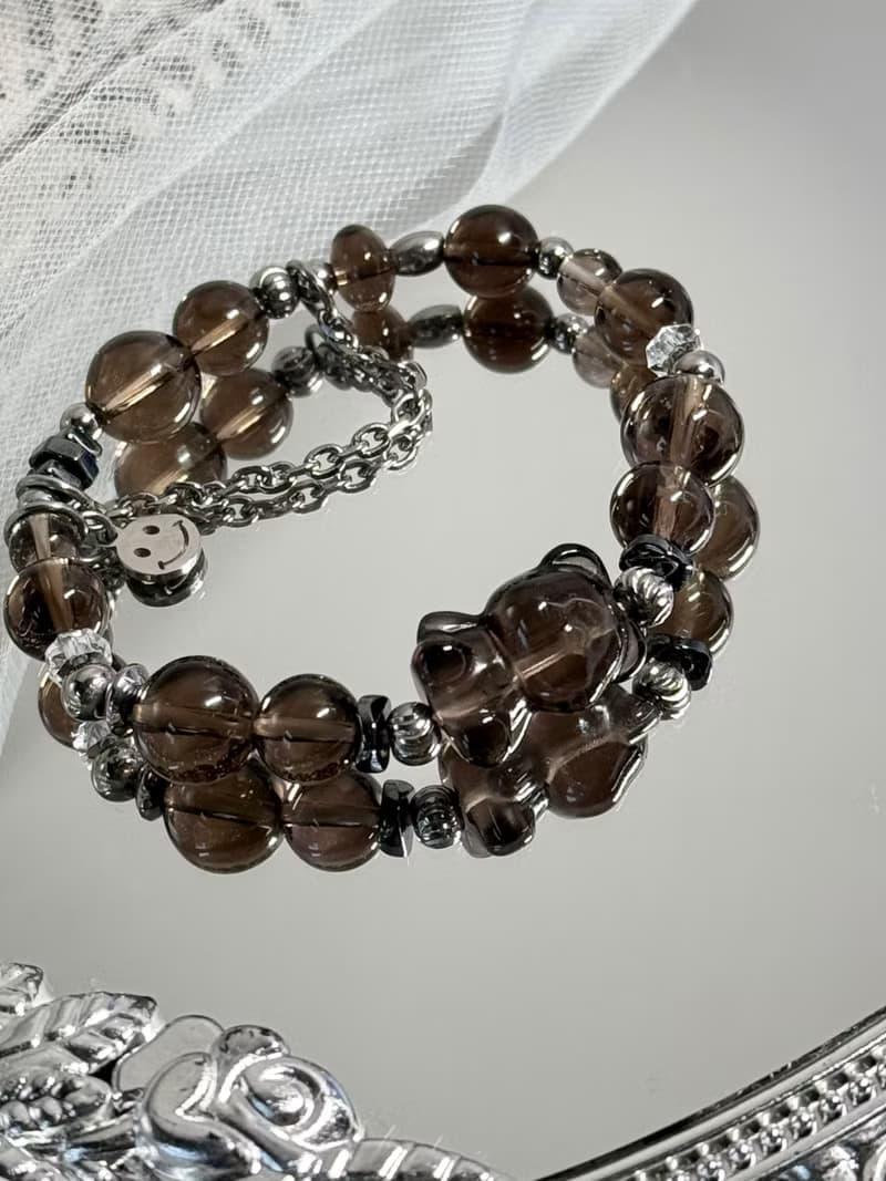 熊大經典茶晶手鍊 - 醫療鋼/茶晶/黑冰曜石/黑膽石/熊熊