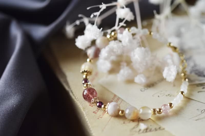 和歌。草莓晶 石榴石 櫻花瑪瑙 白月亮石 14K 天然石水晶 手鍊