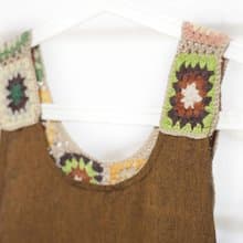 鉤織棉麻洋裝/波希米亞連身裙/花朵洋裝/手工刺繡洋裝-沙漠色花朵