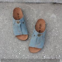 愛鍊牛仔 勃肯鞋涼鞋真皮鞋墊丹寧/牛仔布/牛仔褲情侶鞋牛皮 中藍
