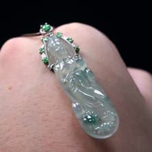 冰種飄藍花翡翠媽祖天上聖母項鍊18K金鑽石| 天然緬甸玉A貨| 送禮
