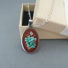 Ribbon embroidered pendant floral turquoise bouquet