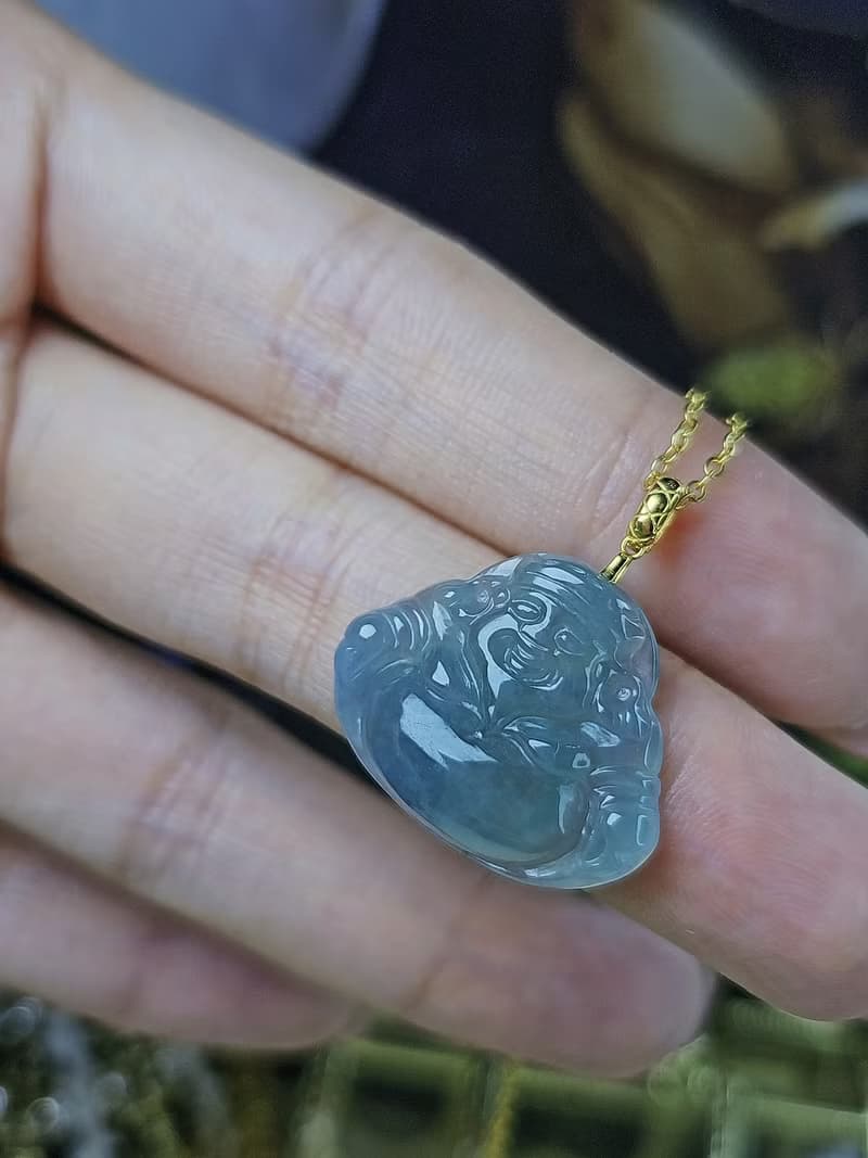 世界首富男神|18k財神爺|緬甸A貨翡翠冰藍紫春彩訂制款吊墜項鍊