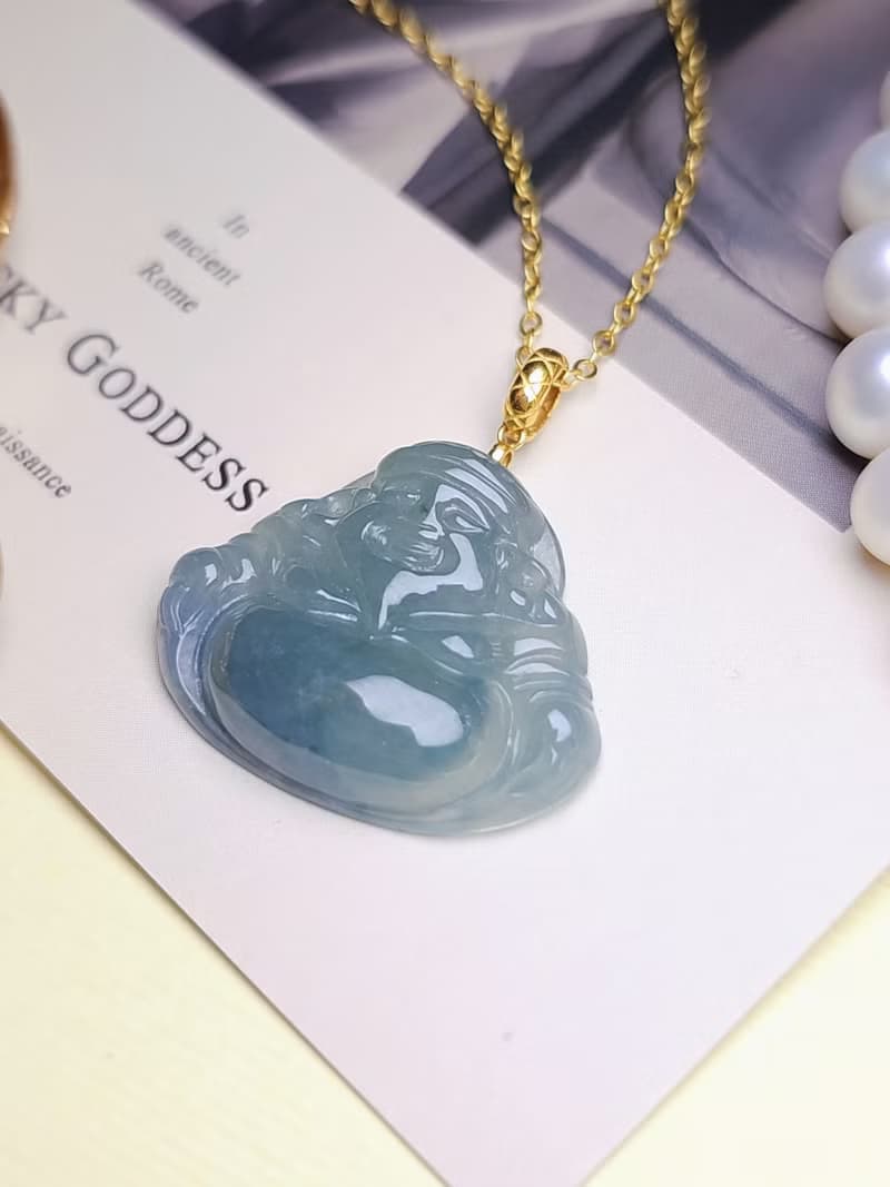 世界首富男神|18k財神爺|緬甸A貨翡翠冰藍紫春彩訂制款吊墜項鍊