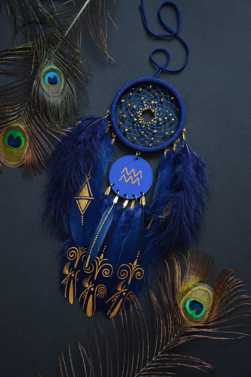 Handmade Aquarius Zodiac Dreamcatcher - Navy Gold Black Wall Decor for Aquarius