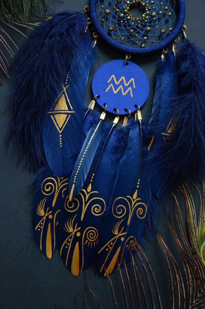 Handmade Aquarius Zodiac Dreamcatcher - Navy Gold Black Wall Decor for Aquarius