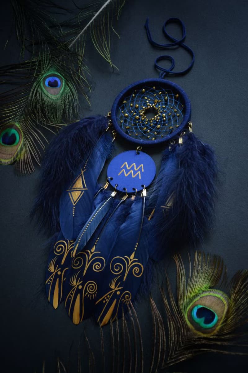 Handmade Aquarius Zodiac Dreamcatcher - Navy Gold Black Wall Decor for Aquarius