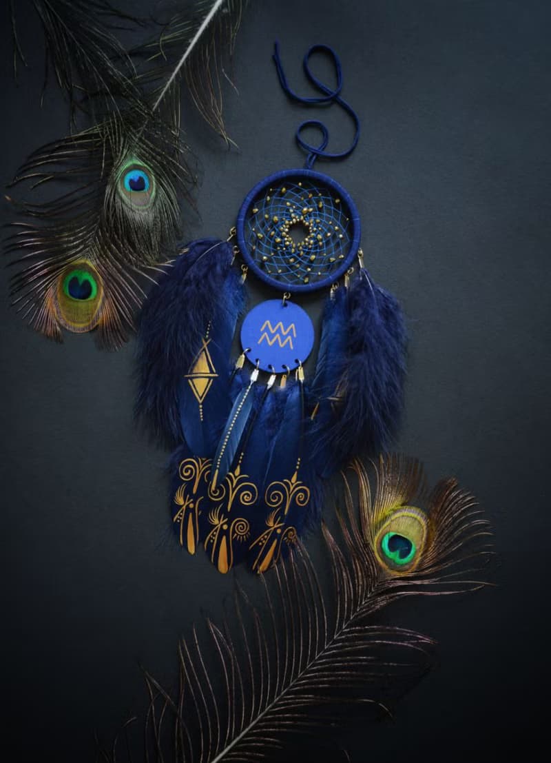 Handmade Aquarius Zodiac Dreamcatcher - Navy Gold Black Wall Decor for Aquarius