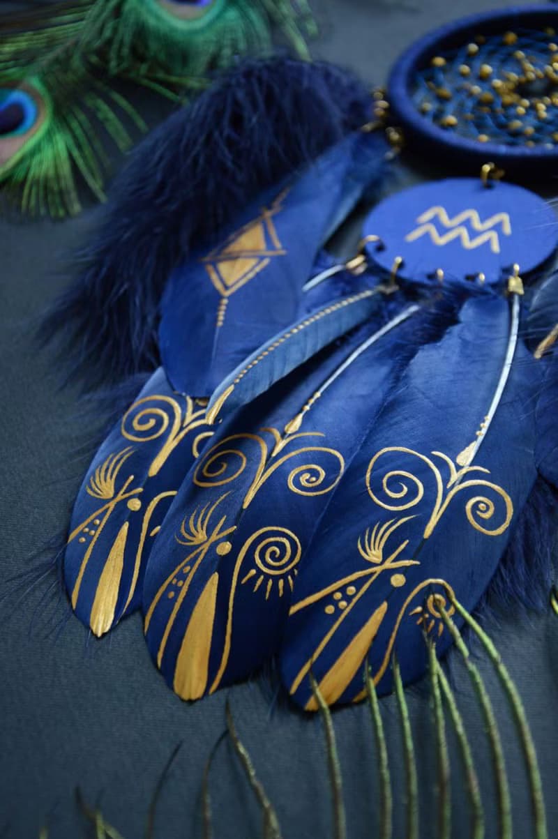 Handmade Aquarius Zodiac Dreamcatcher - Navy Gold Black Wall Decor for Aquarius