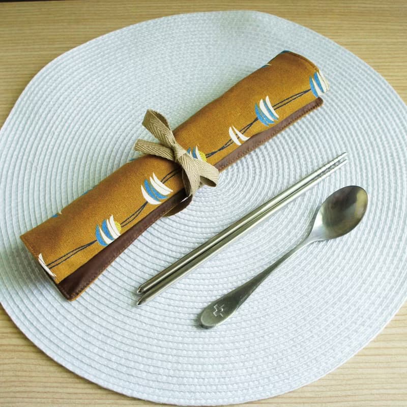 Lovely日本棉麻【小月亮捲軸餐具袋、咖】工具袋、筆袋【裡防水】