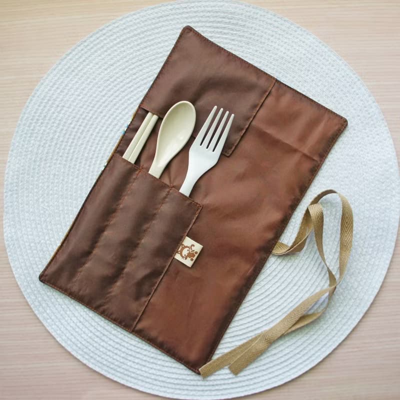 Lovely日本棉麻【小月亮捲軸餐具袋、咖】工具袋、筆袋【裡防水】