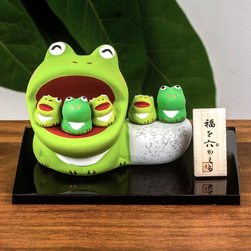 日本龍虎作幸福大嘴福六蛙 開運平安親子蛙 素陶創意擺件生日禮物