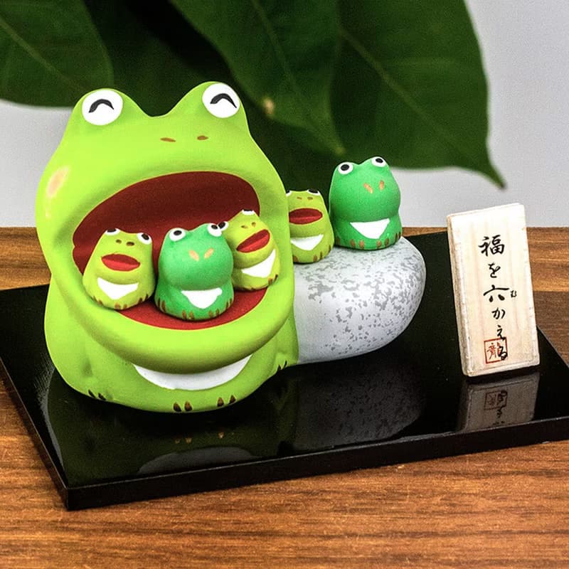 日本龍虎作幸福大嘴福六蛙 開運平安親子蛙 素陶創意擺件生日禮物