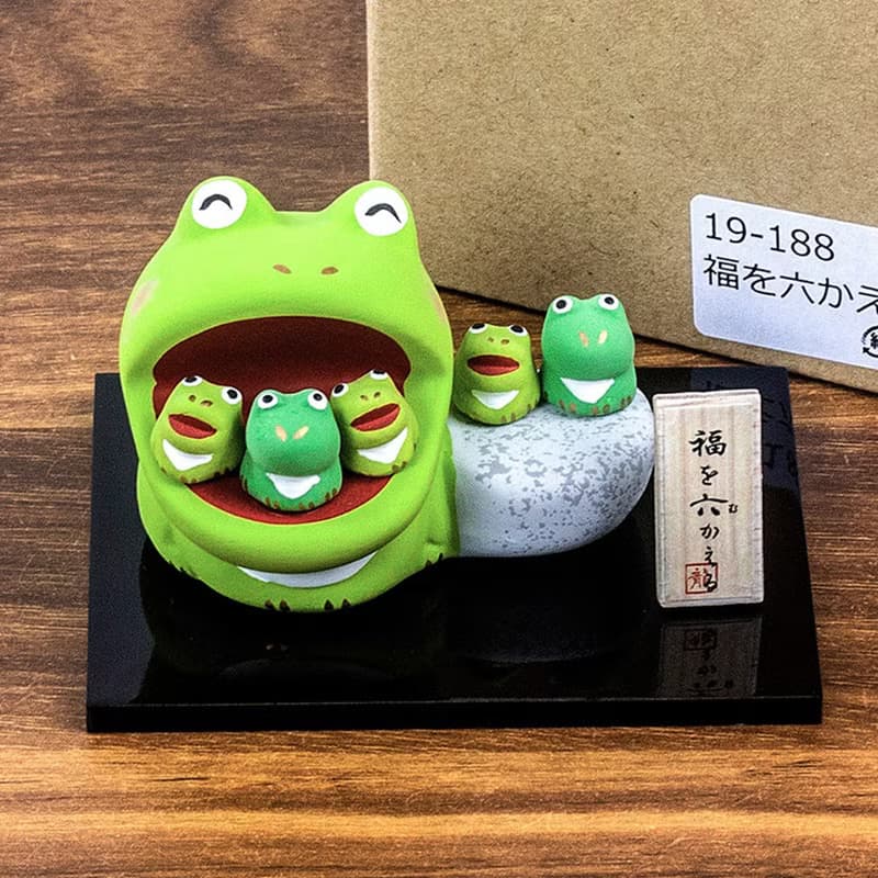 日本龍虎作幸福大嘴福六蛙 開運平安親子蛙 素陶創意擺件生日禮物