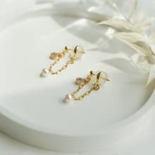 手工訂製 14k包金單鑽珍珠 垂墜耳環