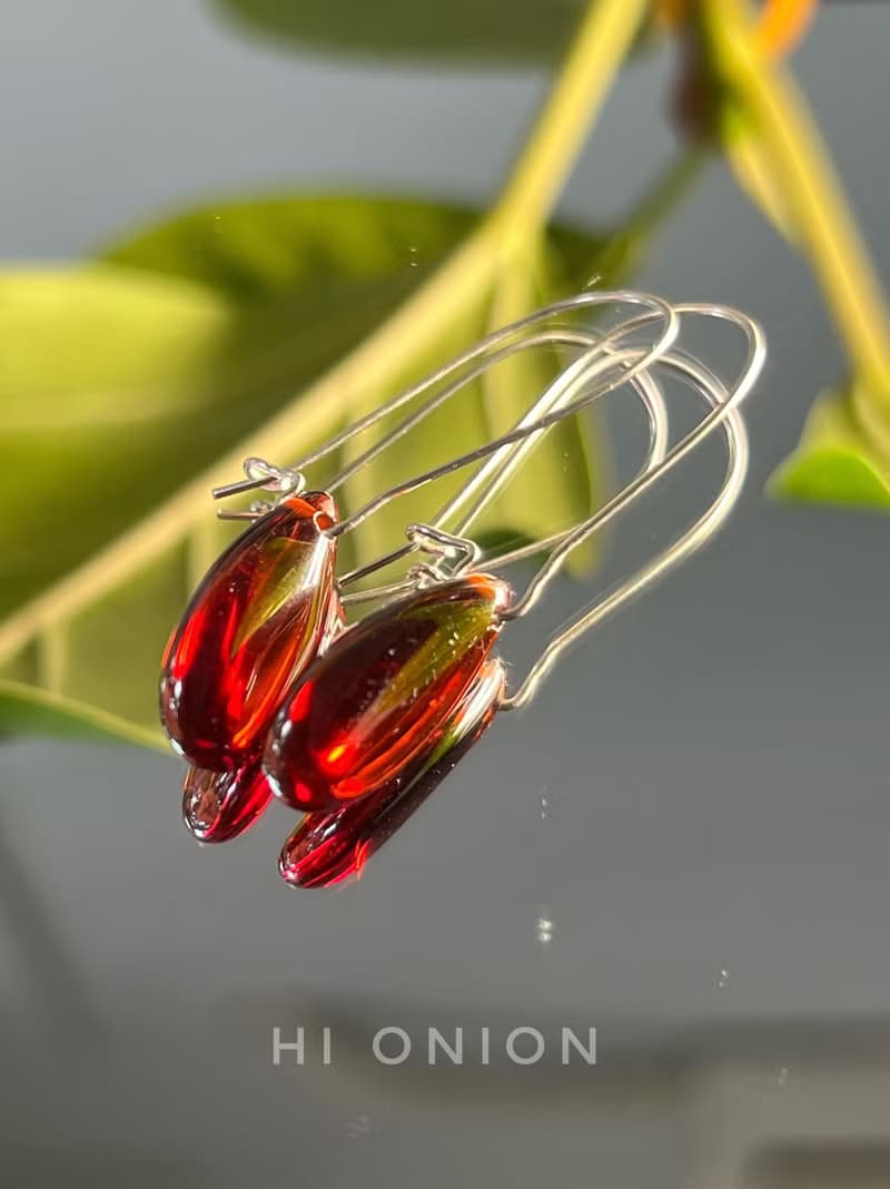 Hi Onion原創小眾設計復古石榴紅水滴耳環S925銀耳鉤耳夾個性高級