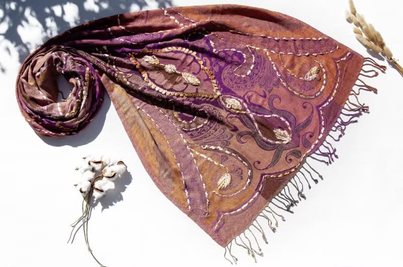 喀什米爾Cashmere/水煮羊毛披肩/針織圍巾/刺繡圍巾/羊絨披巾-花
