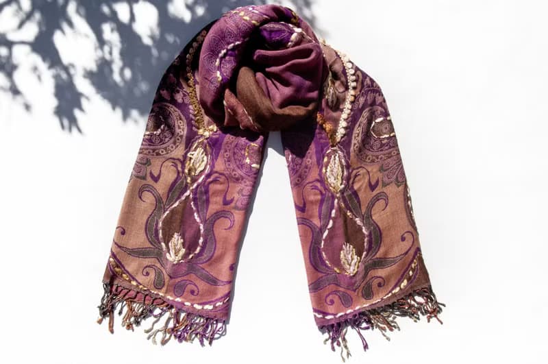 喀什米爾Cashmere/水煮羊毛披肩/針織圍巾/刺繡圍巾/羊絨披巾-花