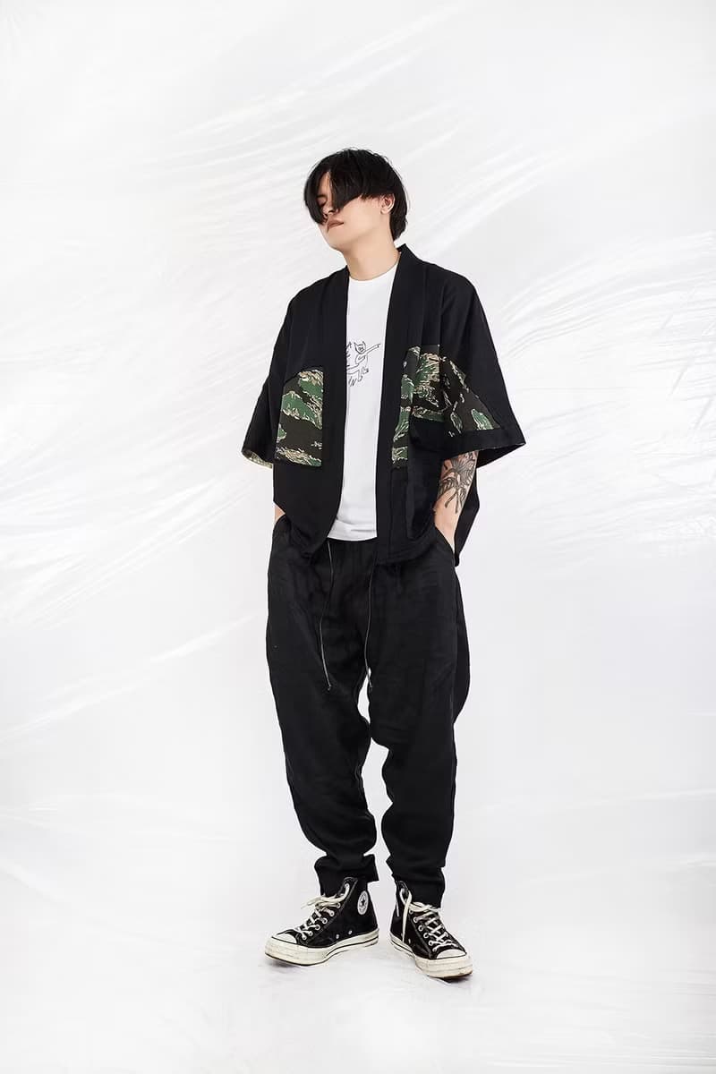 JANWONG19新款毛圈户外华夫格迷彩拼接道袍外套和服KIMONO