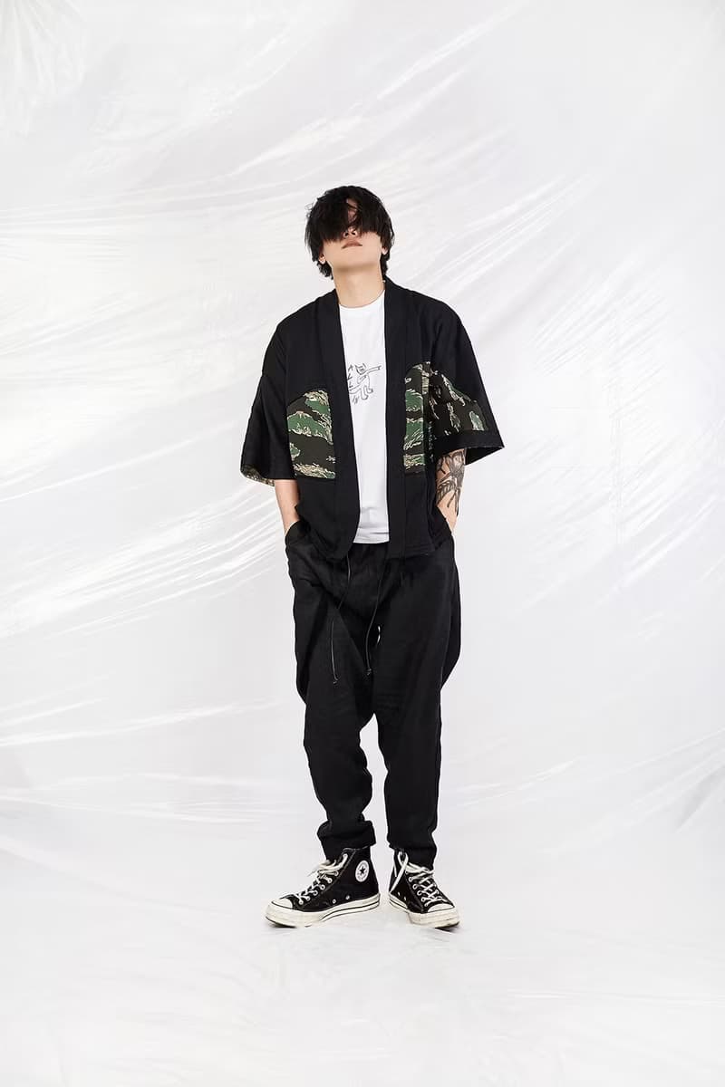 JANWONG19新款毛圈户外华夫格迷彩拼接道袍外套和服KIMONO