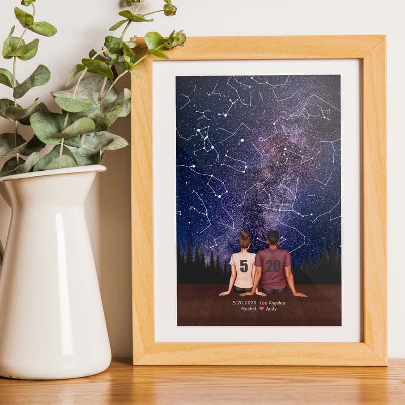 【可愛風似顏繪】交往紀念日當天的真實星空夜晚 A6木框 週年禮物