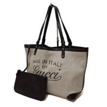 本物 GUCCI グッチ トートバッグ グッチクラフト ロゴ キャンバス レザー ベージュ ブラウン 247209 ポーチ付き 中古