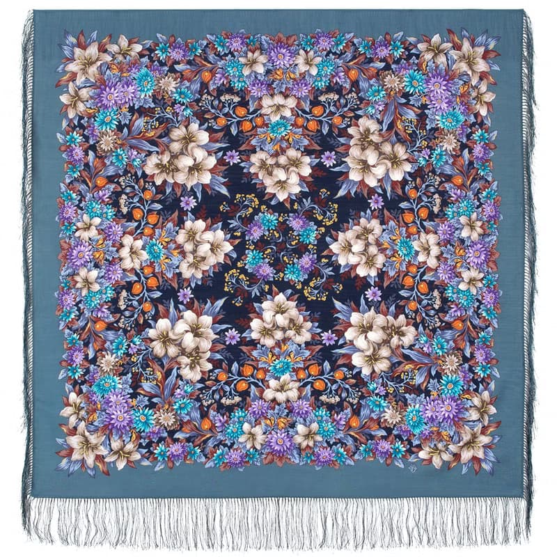 Pavlovo Posad Russian Shawl 100% Wool Scarf 125x125 cm Wrap Silk Fringe 1987-12