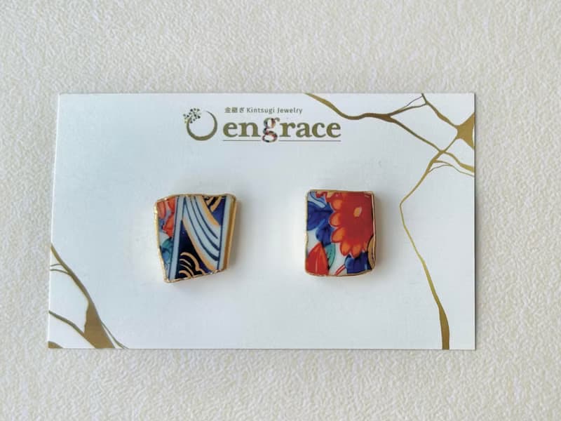 【金具が選べる】有田焼　金継ぎ　ピアス　イヤリング　花柄　和柄　伝統工芸　No.147