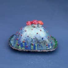 Mushrooms Handmade Ceramic Butter Dish Alice in Wonderland style Amanita decor