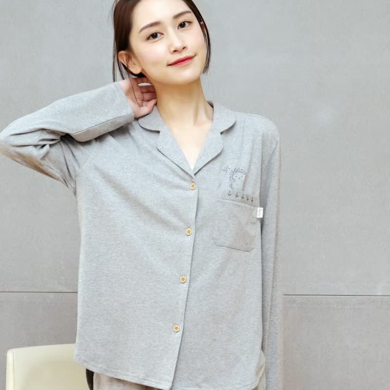 GOTSMIT有機棉刺繡開襟襯衫居家服-麻花深灰
