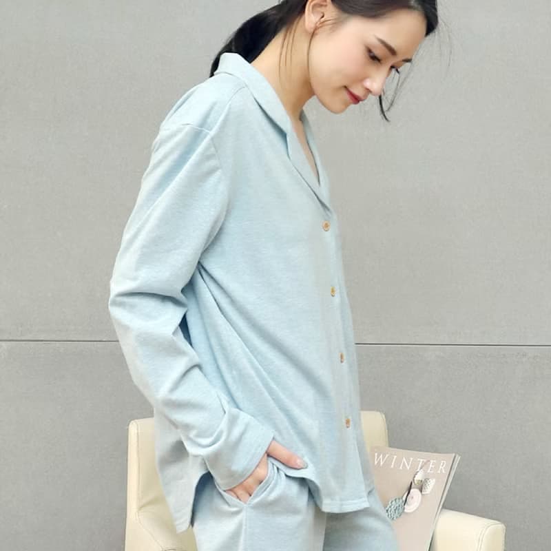 GOTSMIT有機棉刺繡開襟襯衫居家服-麻花深灰