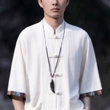 新中式復古 亞麻短袖襯衫 中國風立領唐裝