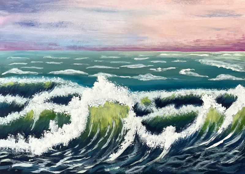 Seascape. Surf at sunset. Gouache.