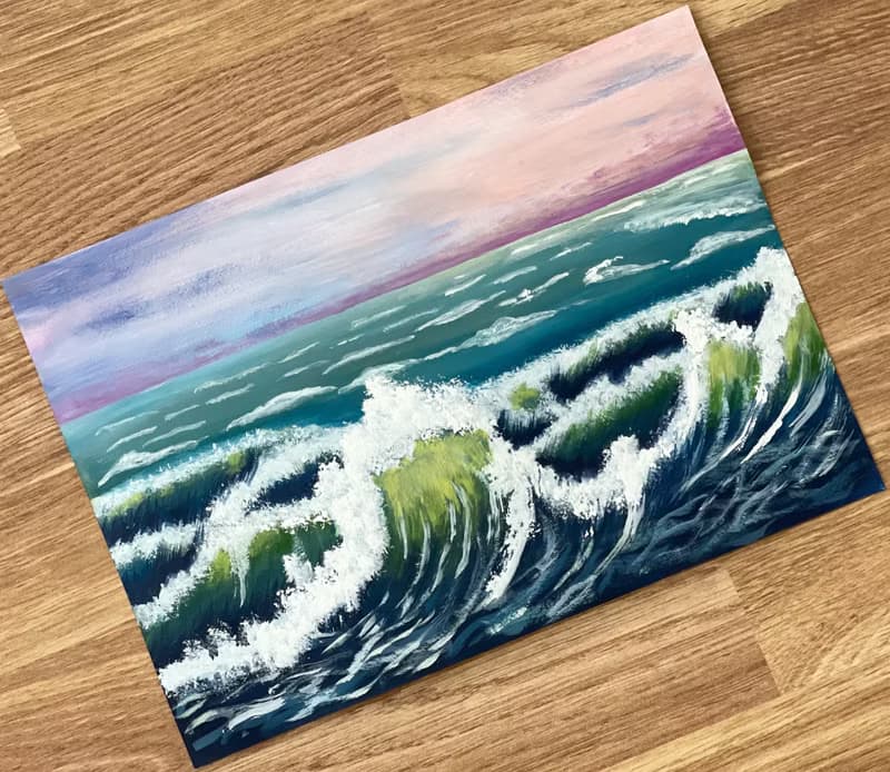 Seascape. Surf at sunset. Gouache.