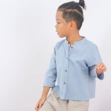 Kids Cotton Top, Mandarin Collar Shirt, Long Sleeve, Blue, Jackie