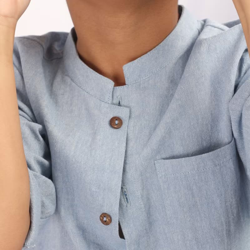 Kids Cotton Top, Mandarin Collar Shirt, Long Sleeve, Blue, Jackie